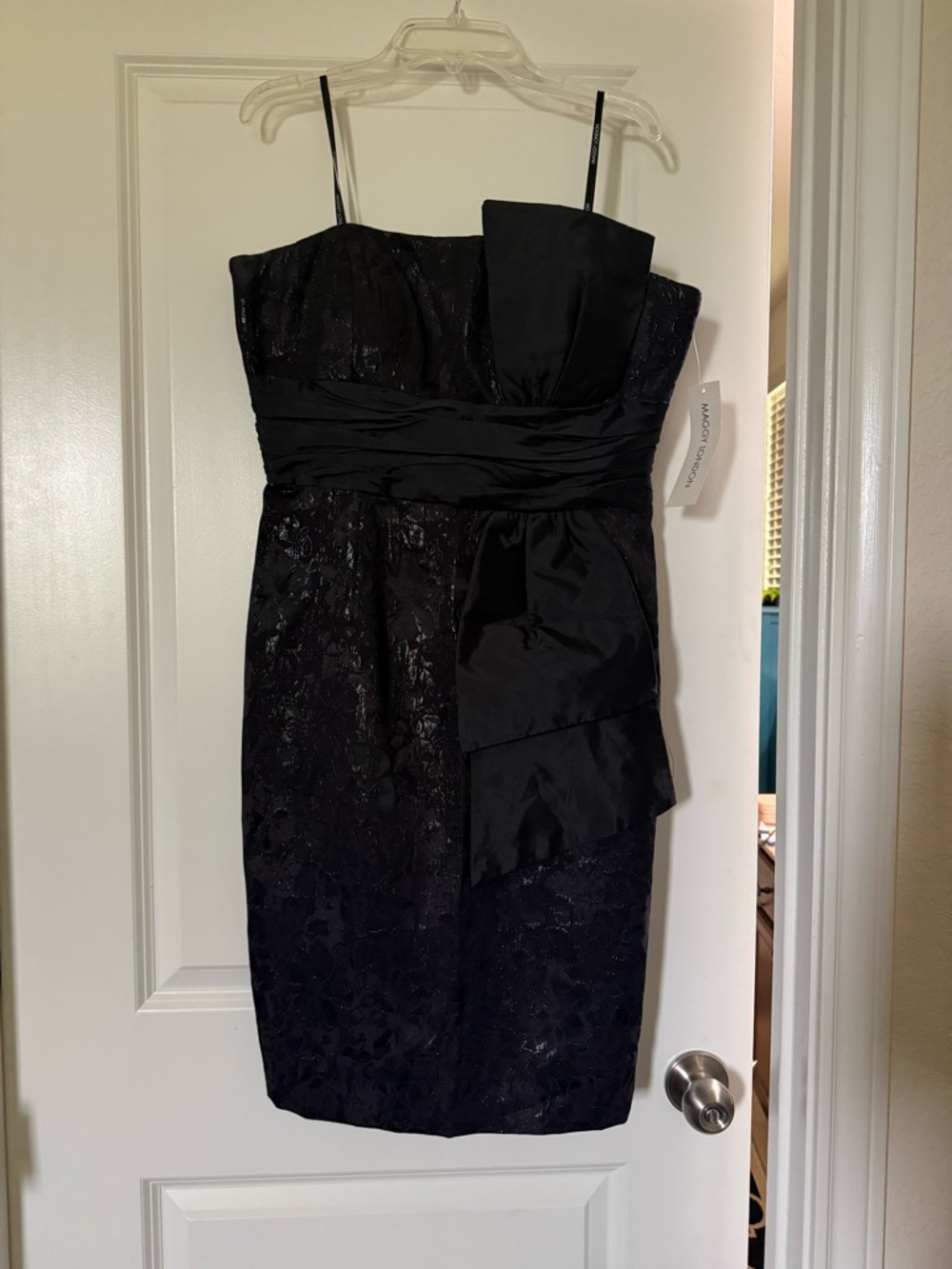 Maggy London Black Strapless Lace Sheath Dress with Sash